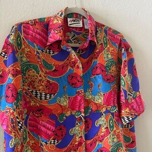 XPRSO Vintage 80's 100% Silk Sand Wash Maximalist Print Button Down Shirt Small